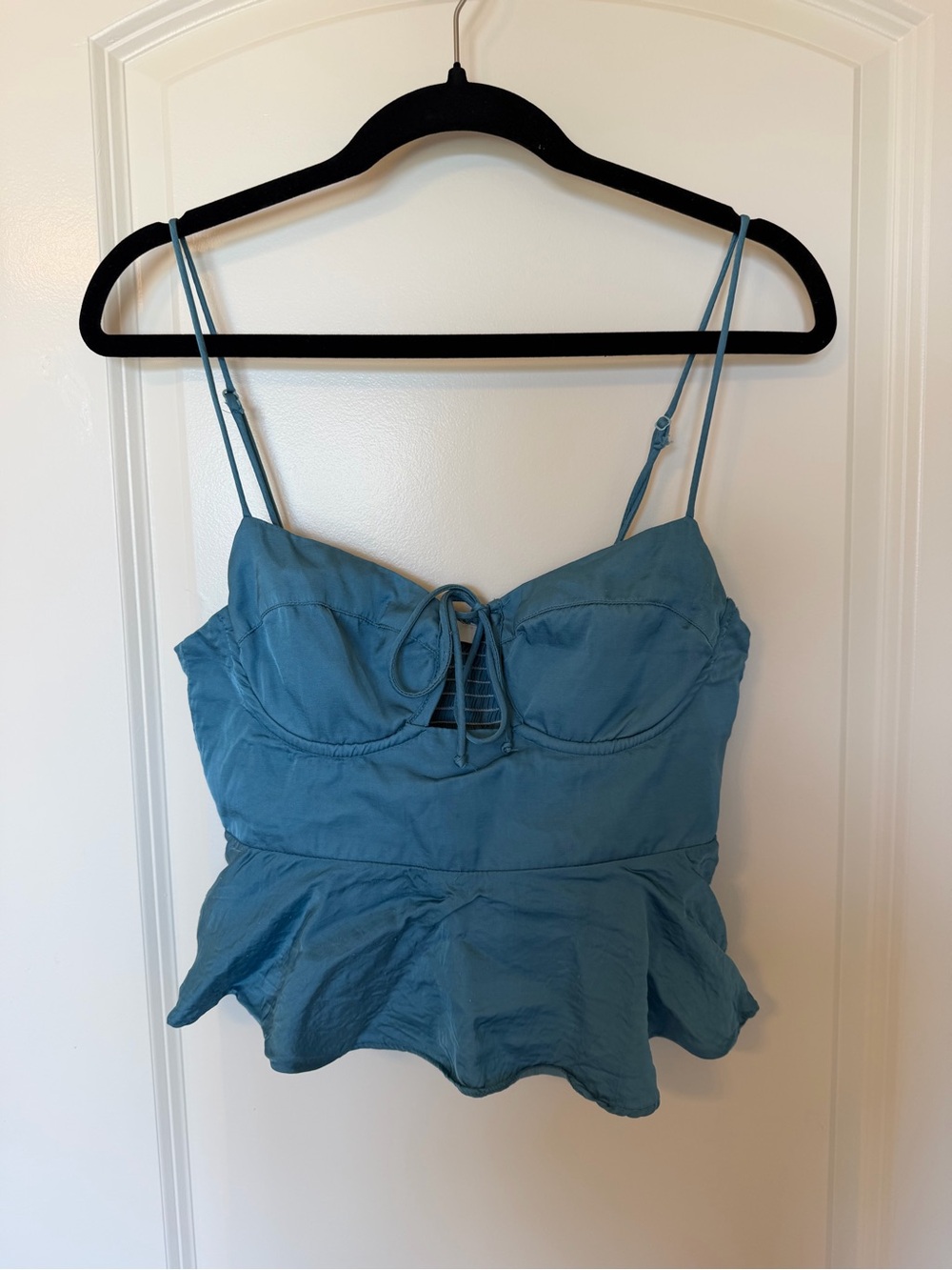 Blue Satin Peplum Tie-Front Cami Top - Women